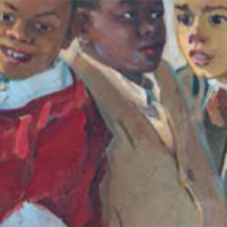 A painting featuring three young Black male children. One is wearing a white shirt with a sweater on top. The other two are wearing suit jackets with ties. 