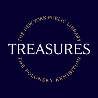 Dark blue square with gold and white logo for the Treasures exhibition.