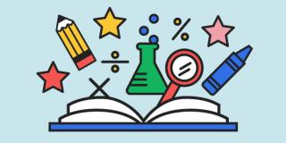Illustration of a book opening and various STEAM material bursting from the pages including a bubbling beaker, mathematical symbols, stars, and a magnifying glass