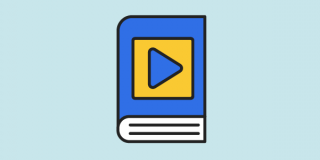 Illustration of a book with an electronic play button on the front cover