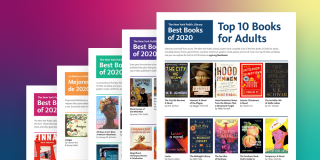 Rainbow gradient rectangle with example pages of downloadable pages with book covers like Top 10 Books for Adults