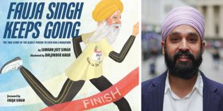 Headshot of Simran Jeet Singh and the cover of his book Fauja Singh Keeps Going