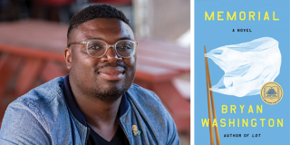 Headshot of Bryan Washington and the cover of his book, Memorial