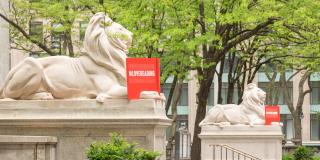 Photo of marble lion statues reading red books outside of the Stephen A. Schwarzman Building