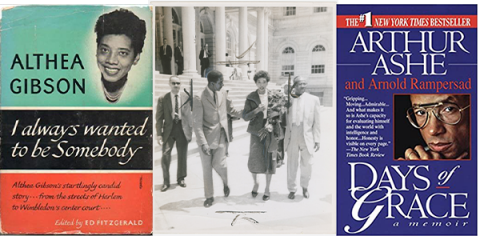 There are 3 photos. Left: Book cover of Althea Gibson’s I Always Wanted to be Somebody. Center: A picture of Gibson dressed in a skirt and coat  holding a bouquet of flowers and walking with 3 people. Left, book cover of Arthur Ashe’s Days of Grace: A Memoir