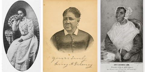 Left: Photo of Miss Effie Waller;  Center: Illustration of Lucy A. Delaney; Right, Illustration of Jarena Lee