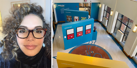 Left: A head shot of director Neema Barnette. Right side: One right yellow wall and two teal blue walls with artwork. Circle design of ‘Rivers’ Cosmogram is in the center. 