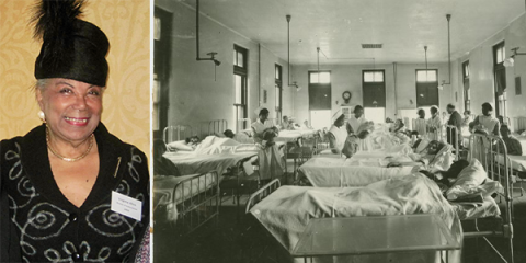 Headshot of Virginia Allen wearing a hat. A maternity ward at Lincoln Hospital and Home in 1929. The room is full of patients in hospital beds. Nurses are holding babies up to their mothers.